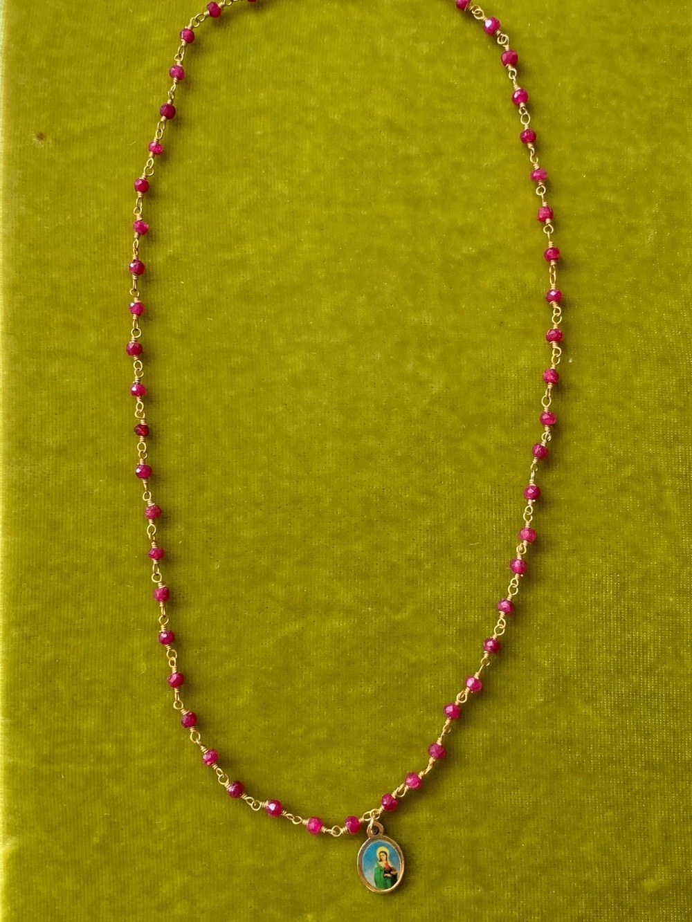 Gold-Finish Pink Beaded Rosary Bead Madonna Pendant Necklace